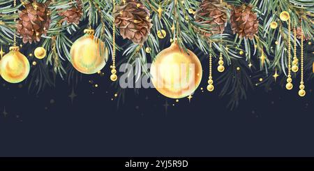 Boules de Noël dorées suspendues parmi les branches de pin et les cônes avec des étoiles scintillantes. Noël, nouvel an, illustration dessinée à la main à l'aquarelle d'hiver Banque D'Images