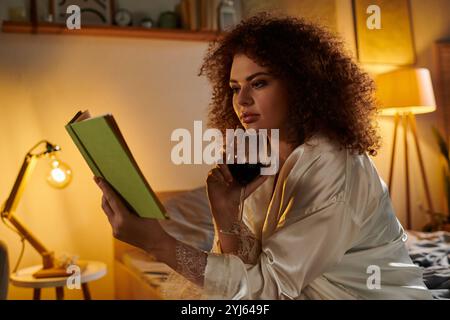 La femme profite d'une lecture tranquille le soir tout en sirotant du vin dans sa chambre confortable. Banque D'Images