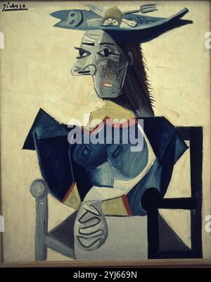 École d'espagnol. Femme assise avec chapeau de pêcheur. Mujer sentada con sombrero de pescado. 1942. Amsterdam, Stedelijik Museum. Auteur : PABLO PICASSO. Lieu : MUSÉE STEDELIJK. Amsterdam. HOLANDA. DORA MAAR. Banque D'Images