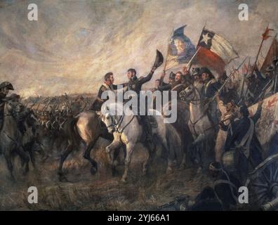 ABRAZO DE MAIPU ENTRE SAN MARTIN Y O'HIGGINS TRAS LA VICTORIA EN LA BATALLA DE MAIPU EL 5 DE ABRIL DE 1818 - 1908. Auteur : SUBERCASEAUX PEDRO. LIEU : MUSEO HISTORICO NACIONAL. BUENOS AIRES. SAN MARTIN JOSÉ GÉNÉRAL. BERNARDO O'HIGGINS. OHIGGINS BERNARDO. Banque D'Images