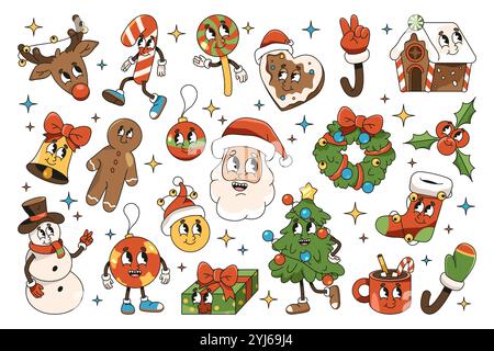 Personnages de Noël drôles ou icônes pop art pour les vacances du nouvel an. Autocollants rétro vectoriels, set. Personnages comiques du nouvel an et de Noël. Illustration de Vecteur