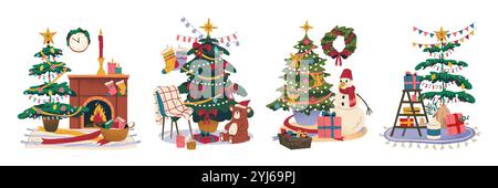 Ensemble de décors festifs pour les rassemblements de vacances avec des décorations traditionnelles de Noël. Illustrations vectorielles. Lieu intérieur de la maison pour un arbre de Noël Illustration de Vecteur