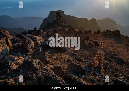 Le soleil tôt le matin illumine le plateau est de Steens Mountain, au sud-est de l'Oregon. Banque D'Images