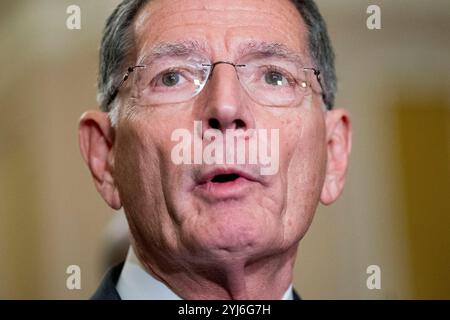 Washington, États-Unis. 13 novembre 2024. Sénateur John Barrasso, R-WY, parle lors d'une conférence de presse après les élections républicaines sénatoriales au Capitole des États-Unis à Washington, DC, le mercredi 13 novembre 2024. Barrasso a été choisi pour être whip de la majorité au Sénat et remplacer le sénateur John Thune, R-SD, qui a été élu pour remplacer l'actuel chef de la majorité au Sénat, Mitch McConnell, R-KY, qui démissionne après 18 ans. Photo de Bonnie Cash/UPI crédit : UPI/Alamy Live News Banque D'Images