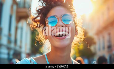 Une femme avec des lunettes de soleil bleues sur son visage sourit Banque D'Images
