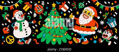 Personnages de dessins animés de Noël de style rétro. Groovy vintage des années 70 drôle Père Noël, boule, bonhomme de neige, cadeau et arbre de Noël Illustration de Vecteur