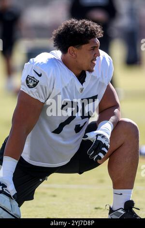 Henderson, NV USA ; Las Vegas Raiders s'attaquent aux étirements Andrus Peat (75) lors de l'entraînement pour le mercredi 13 novembre 2024 à InterMountain Health performance Center. (Kim Hukari/image du sport) Banque D'Images