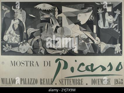 CARTEL DE LA EXPOSICION DE PICASSO EN EL PALACIO REAL DE MILAN CON LA IMAGEN DEL GUERNICA- 1953. Auteur : PABLO PICASSO. Lieu : PALAIS ROYAL. Milan. ITALIA. Banque D'Images