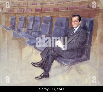 'Portrait d'Adolfo Suarez', 1998, huile et tempera sur toile, 135 x 161 cm. Auteur : DANIEL QUINTERO 1949-. Lieu : COLLECTION PRIVÉE. MADRID. ESPAGNE. ADOLFO SUAREZ GONZALEZ (1932-2014) Banque D'Images