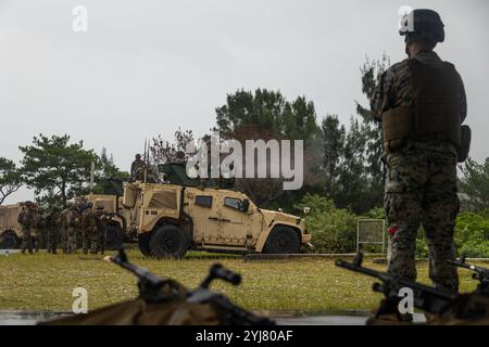 Okinawa, Japon. 8 novembre 2024. Les Marines américains avec la 31e unité expéditionnaire des Marines, bataillon logistique de combat 31, tirent une mitrailleuse M240B lors d'un exercice de tir réel au Camp Hansen, Okinawa, Japon, le 8 novembre 2024. Au cours de l'entraînement, les Marines avec CLB-31 tirent plusieurs milliers de balles pour augmenter et maintenir leur maîtrise des mitrailleuses moyennes et lourdes. La 31e MEU, la MEU du corps des Marines uniquement déployée en continu vers l'avant, fournit une force flexible et létale prête à effectuer un large éventail d'opérations militaires en tant que première force de réponse aux crises dans la région Indo-Pacifique. (Crédit Imag Banque D'Images