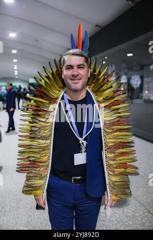 Bakou, Azerbaïdjan, Azerbaïdjan. 13 novembre 2024. Un homme du Brésil porte une robe de plumes amusante couvrant ses épaules. La COP est le plus grand rassemblement de hauts fonctionnaires au monde qui se concentre sur le changement climatique. Cette année est étiquetée comme COP des finances dans laquelle les résolutions financières sont en tête de liste d'un long ordre du jour des préoccupations énumérées. (Crédit image : © Bianca Otero/ZUMA Press Wire) USAGE ÉDITORIAL SEULEMENT! Non destiné à UN USAGE commercial !/Alamy Live News Banque D'Images