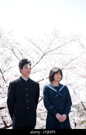 Cerisiers en fleurs et lycéens masculins et féminins Banque D'Images