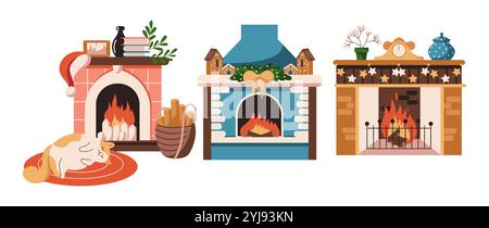 Cheminées brûlantes avec décorations de Noël objets vectoriels de couleur plate ensemble. Chat mignon sur tapis apprécie la chaleur de la maison illustrations paquet sur blanc Illustration de Vecteur