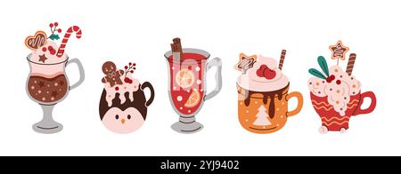 Ensemble d'objets vectoriels de couleur plate de boissons de vacances festives. Boissons chaudes de Noël pour les illustrations confortables de la saison d'hiver paquet sur fond blanc Illustration de Vecteur