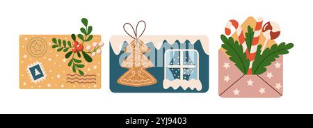 Enveloppes de Noël mignonnes avec des objets vectoriels de couleur plate d'ornements. Les articles de voeux de fête pour les illustrations de félicitations des fêtes sont groupés sur Whit Illustration de Vecteur