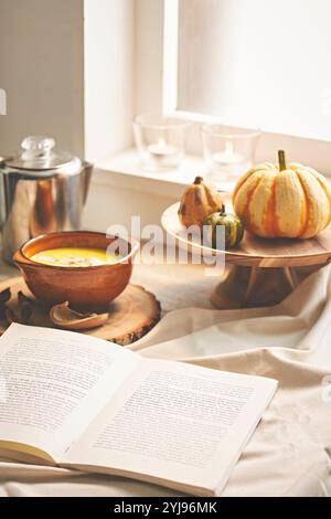 Citrouilles, soupe et livres sur le rebord de la fenêtre Banque D'Images