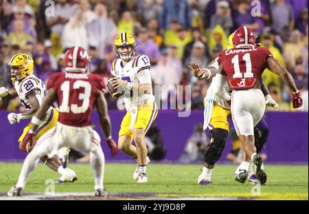 Baton Rouge, États-Unis. 09 novembre 2024. Garrett Nussmeier (13 ans), le quarterback des Tigers de la LSU, repasse lors d'un match de football de la Southeastern Conference au Tiger Stadium le samedi 9 novembre 2024 à Baton Rouge, en Louisiane. (Photo de Peter G. Forest/Sipa USA) crédit : Sipa USA/Alamy Live News Banque D'Images