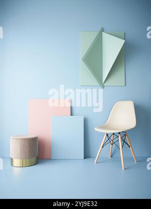 Mur bleu, objet tridimensionnel, panneau rose, tabouret et table d'appoint Banque D'Images