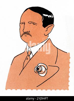 Caricatura de Manuel Bueno Bengoechea (Pau, 1873-Barcelone, 1936), escritor y periodista español de la Generación del 98. año 1911. AUTEUR : ROMÁN BONET SINTES 'BON'. Banque D'Images