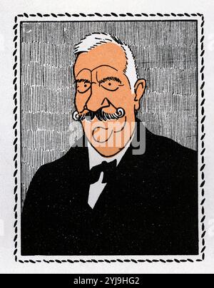 Caricatura de Raimon Casellas i Dou (Barcelone, 1855-Sant Joan de les Abadesses, 1910), crítico de Arte, narrador modernista y periodista. año 1911. AUTEUR : ROMÁN BONET SINTES 'BON'. RAIMUNDO CASELLAS DOU. Banque D'Images