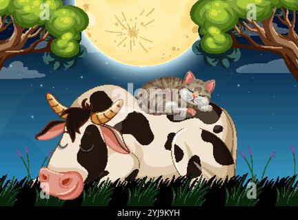 Chat et vache se reposant sous une lune brillante Illustration de Vecteur