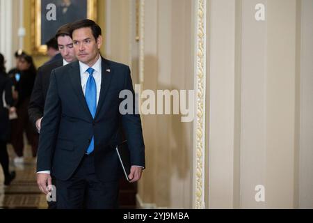 Le sénateur américain Marco Rubio (républicain de Floride) entre dans la réunion du GOP pour élire un nouveau leader de la majorité au Sénat dans le Capitole américain à Washington, DC le mercredi 13 novembre 2024. Crédit : Annabelle Gordon/CNP Banque D'Images