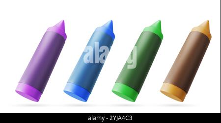 Crayon flottant ou bâtonnets de craie dans les couleurs violet, bleu, vert et marron. Crayons d'outils de jardin d'enfants vectoriels 3D réalistes avec surface texturée mate pour le matériel éducatif ou la promotion des fournitures d'art. Illustration de Vecteur