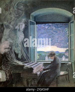 Allégorie de génie de Ludwig Van Beethoven, compositeur et pianiste allemand. Jouer du piano dans sa maison à Viena. Pastel. MUSÉE : HISTORISCHES MUSEUM DER STADT WIEN, VIENA, AUTRICHE. AUTEUR : SIGMUND WALTER HAMPEL. Banque D'Images