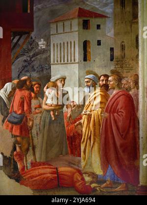 Masaccio / 'la distribution des aumônes et la mort d'Ananias', 1425-1428, fresque. MUSÉE : SANTA MARIA DEL CARMINE, FLORENCIA, ITALIE. Banque D'Images