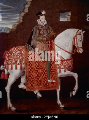 Roi Henri III de France 1551-89 à cheval, vers 1580, École française. Musée : MUSÉE CONDE, CHANTILLY, France. Auteur : École : Français. Banque D'Images