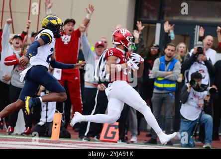 Bloomington, États-Unis. 09 novembre 2024. Elijah Sarratt (13 ans), receveur large des Hoosiers de l'Indiana, fait une capture de touchdown lors d'un match de football de la NCAA contre le Michigan à Bloomington, Ind L'Indiana bat le Michigan 20-15. Crédit : SOPA images Limited/Alamy Live News Banque D'Images