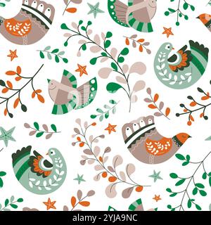Motif oiseaux scandinaves et feuillage Illustration de Vecteur