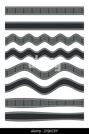 Jeu de bandes de film de formes différentes. Cadres de film courbes et ondulés isolés sur fond blanc. Illustration vectorielle Illustration de Vecteur