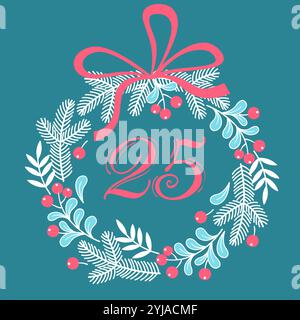 Décoration couronne de Noël. Motif avec feuilles de gui, branches d'arbre de Noël, baies rouges et ruban. Illustration de dessin de main de vecteur Illustration de Vecteur