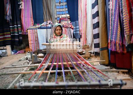 Islamabad, Pakistan. 13 novembre 2024. Un artiste fabrique des châles faits à la main lors du Festival Lok Mela à Islamabad, capitale du Pakistan, le 13 novembre 2024. Le festival folklorique annuel, connu sous le nom de Lok Mela, a lieu dans la capitale pakistanaise Islamabad du 8 au 17 novembre. Cet événement de dix jours offre une plateforme aux artistes de partout au pays pour présenter leurs œuvres artistiques et leurs performances. Crédit : Ahmad Kamal/Xinhua/Alamy Live News Banque D'Images