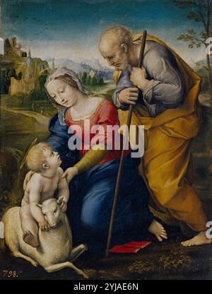 Rafael / 'la Sainte famille à l'agneau', 1507, École italienne, huile sur panneau, 28 cm x 21,5 cm, P00296. MUSÉE : MUSEO DEL PRADO, MADRID, ESPAGNE. Auteur : Raphael. Banque D'Images
