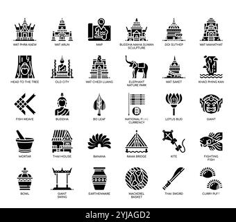 Symboles de Thaïlande , icônes de glyphe Illustration de Vecteur