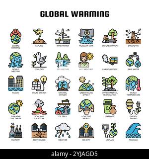 Icônes de lignes fines pour le réchauffement climatique Illustration de Vecteur