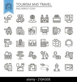 Ensemble d'icônes de tourisme et de voyage en ligne mince noir et blanc Illustration de Vecteur