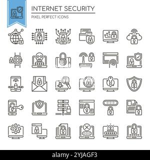 Jeu d'icônes de sécurité Internet noir et blanc à ligne mince Illustration de Vecteur