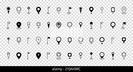 Définir l'icône noire de l'épingle d'emplacement. Marqueur de position de broche de carte. Symbole de destination. Jeu d'icônes de logo pointeur de marqueur de carte moderne. Collection de symboles PIN GPS. Style plat. Illustration de Vecteur