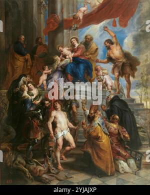 Pedro Pablo Rubens / 'la Sainte famille entourée de saints', vers 1630, Ecole flamande, huile sur panneau, 79,5 cm x 64 cm, P01703. MUSÉE : MUSEO DEL PRADO, MADRID, ESPAGNE. AUTEUR : PETER PAUL RUBENS. SAINT JOSEPH. ENFANT JÉSUS. VIERGE MARIE. Banque D'Images