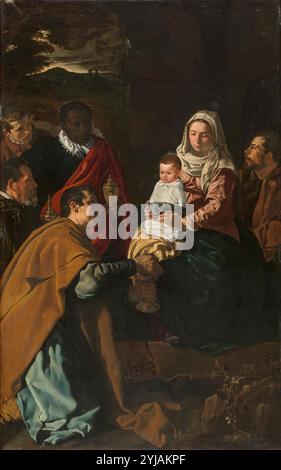 Diego Rodríguez de Silva y Velázquez / 'Adoration des Mages', 1619, École espagnole, huile sur toile, 203 cm x 125 cm, P01166. MUSÉE : MUSEO DEL PRADO, MADRID, ESPAGNE. SAINT JOSEPH. ENFANT JÉSUS. VIERGE MARIE. Banque D'Images