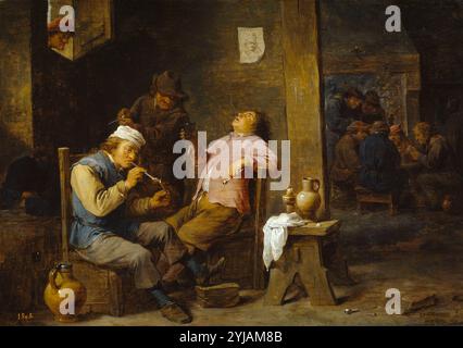 David Teniers / 'fumeurs et buveurs', 1652, Ecole flamande, huile sur panneau, 34 cm x 48 cm, P01794. MUSÉE : MUSEO DEL PRADO, MADRID, ESPAGNE. AUTEUR : DAVID TENIERS LE JEUNE. Banque D'Images