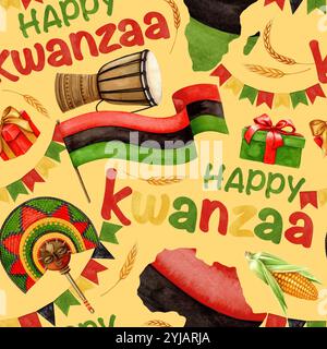 Joyeux Kwanzaa modèle sans couture du drapeau panafricain, carte et tambour avec des cadeaux. Illustration de vacances à l'aquarelle dessinée à la main du symbole traditionnel Banque D'Images