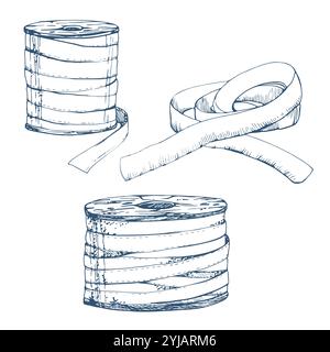 Ruban bleu bobines tissu bandoulière serpentin. Illustration vectorielle d'encre dessinée à la main cousant des fournitures de broderie artisanale. Objets définis isolés sur Illustration de Vecteur