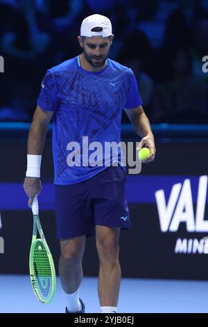 Turin, Italie. 13 novembre 2024. Simone Bolelli, d’Italie, en action lors du match de double Round Robin entre Simone Bolelli, d’Italie, et Andrea Vavassori, d’Italie, contre Kevin Krawietz, d’Allemagne, et Tim Puetz, d’Allemagne, le quatrième jour de la finale du Nitto ATP World Tour. Crédit : Marco Canoniero/Alamy Live News Banque D'Images