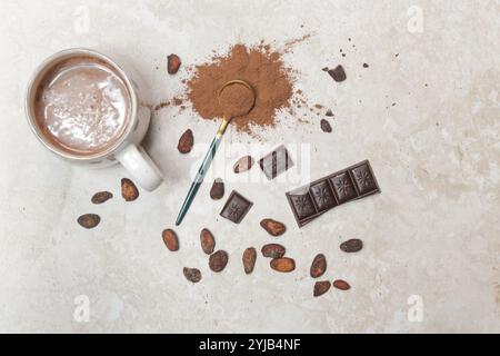 Cacao dans différentes présentations, boisson chaude, haricots, poudre et barre de chocolat Banque D'Images
