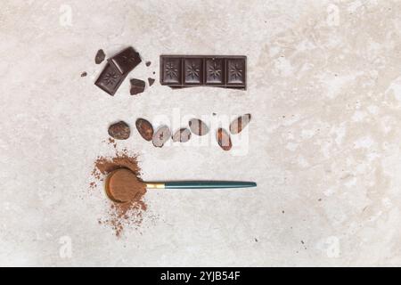Cacao dans différentes présentations, haricots, poudre et barre de chocolat Banque D'Images
