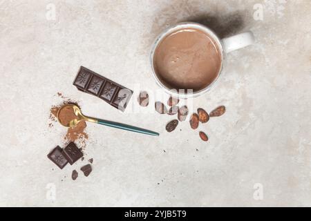 Cacao dans différentes présentations, boisson chaude, haricots, poudre et barre de chocolat Banque D'Images